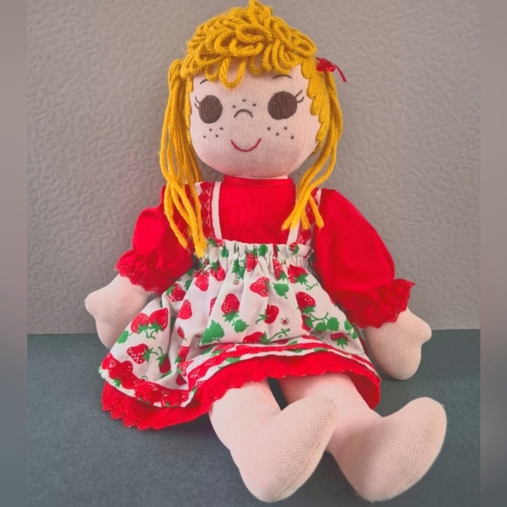 Vintage Strawberry Print Cloth Rag Doll with Yellow Gold Hair